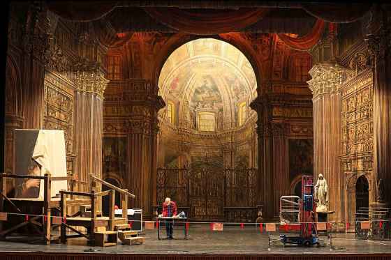 On loan from the Seattle Opera, Tosca's canvas backdrops were hand-painted in Italy in the 1950s and are the last remaining examples of trompe l’oeil currently in use within the opera world. (Ruth Bonneville / Free Press)