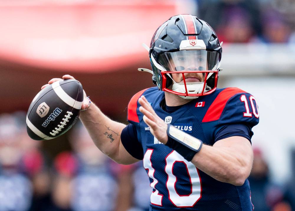 CHRISTOPHER KATSAROV / THE CANADIAN PRESS
Montreal Alouettes quarterback Davis Alexander (10) throws the ball during first half Eastern semi-final action against the Winnipeg Blue Bombers, in Montreal on Saturday, Nov. 1, 2025.