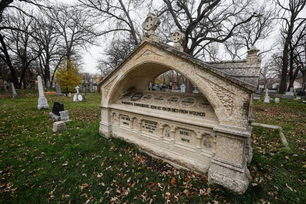 JOHN WOODS / FREE PRESS
                                A memorial cenotaph at St John’s Anglican Church commemorates the nine members of the Winnipeg Rifles who died in the North West Canda Campaign.