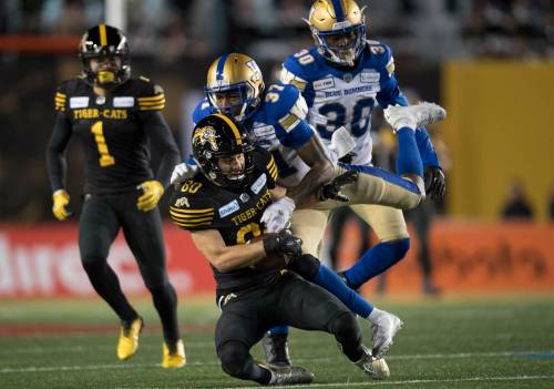 NATHAN DENETTE / THE CANADIAN PRESS FILES
                                Winnipeg Blue Bombers’ Brandon Alexander tackles Hamilton Tiger-Cats’ Jaelon Acklin during second half action of the 107th Grey Cup.