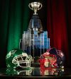 David Lipnowski / THE CANADIAN PRESS
                                Saskatchewan Roughriders and Montreal Alouettes helmets in front of the Grey Cup during the Grey Cup head coaches’ media conference in Winnipeg, Tuesday, Nov. 11, 2025. The Alouettes and Roughriders are set to to play the 112th Grey Cup on Dec. 16.