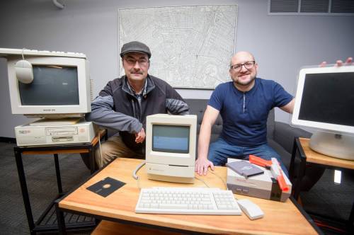 Fabio Hofnik and James Perih of the Manitoba Computer and Gaming Museum with some vintage computer equipment. (Mike Sudoma/Free Press)
