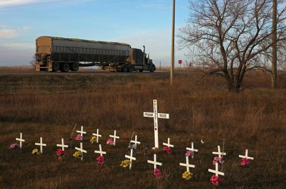 A memorial sits at the intersection of the Trans Canada Highway and Highway 5, north of Carberry – not far from the scene of a deadly bus crash in 2023 that killed 17 seniors. (Tim Smith / The Brandon Sun)