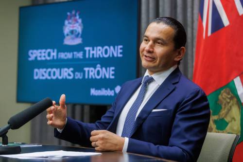 MIKE DEAL / FREE PRESS
                                Premier Wab Kinew talks to journalists before the throne speech Tuesday. Creating a safer health-care system for patients and staff members is one of the speech&rsquo;s central themes.