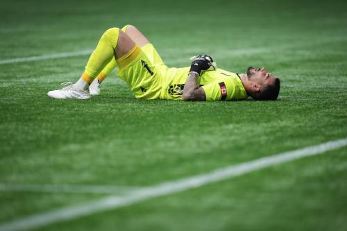 Darryl Dyck / THE CANADIAN PRESS FILES
                                Valour FC goalkeeper Eleias Himaras lies on the field after losing to the Vancouver Whitecaps in the Canadian Championship quarterfinal match.