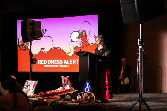 Thelma Morrisseau speaks at the Red Dress Alert report release event on Tuesday. (Mikaela Mackenzie / Free Press)