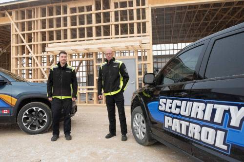 SVJETLANA MLINAREVIC / THE CARILLON
                                Steinbach Security Services security officer Joseph Desarmenien (left) and company owner Brian Brunelle have been successful in keeping theft down on construction sites in Steinbach, something the city’s mayor says is well worth the cost.