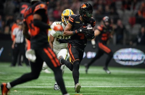 B.C. Lions' Keon Hatcher scores a touchdown during the second half of a CFL football game against the Edmonton Elks, in Vancouver, on Friday, October 17, 2025. THE CANADIAN PRESS/Darryl Dyck