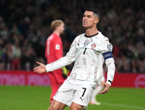Portugal's Cristiano Ronaldo reacts during a World Cup 2026 group F qualifying soccer match between Ireland and Portugal in Dublin, Thursday, Nov. 13, 2025. (Niall Carson/PA via AP)