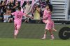 Inter Miami midfielder Rodrigo de Paul (7) celebrates a goal with forward Lionel Messi (10) and defender Jordi Alba (18) during the second half of the MLS Cup final soccer match against the Vancouver Whitecaps Saturday, Dec. 6, 2025, in Fort Lauderdale, Fla. (AP Photo/Lynne Sladky)