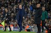 FILE -Brugge's head coach Philippe Clement, left, and Manchester City's head coach Pep Guardiola gesture from the touchline during the Champions League Group A soccer match between Manchester City and Club Brugge at the Etihad stadium, in Manchester, England, Nov. 3, 2021. (AP Photo/Rui Vieira, File)