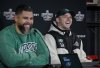 Saskatchewan Roughriders' Brett Lauther, right, jokes with head coach Corey Mace as they speak to media after their Grey Cup practice in Winnipeg, Friday, Nov. 14, 2025. THE CANADIAN PRESS/John Woods
