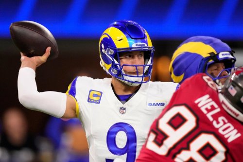 Los Angeles Rams quarterback Matthew Stafford (9) passes against the Tampa Bay Buccaneers during the first half of an NFL football game, Sunday, Nov. 23, 2025, in Inglewood, Calif. (AP Photo/Mark J. Terrill)