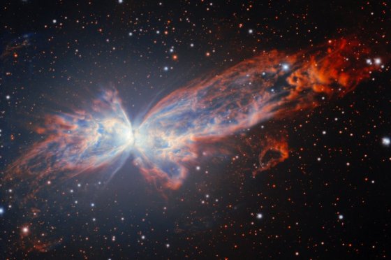 This image provided by NSF NOIRLab shows NGC 6302, a billowing planetary nebula that resembles a cosmic butterfly. (NSF NOIRLab via The Associated Press)