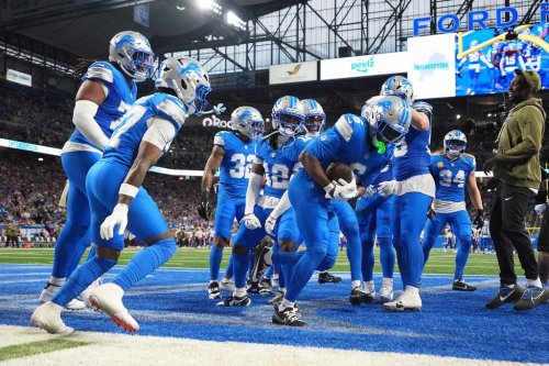 Detroit Lions cornerback Terrion Arnold (6), middle, celebrates with teammates after intercepting a pass during the first half of an NFL football game against the Minnesota Vikings Sunday, Nov. 2, 2025, in Detroit. (AP Photo/Ryan Sun)