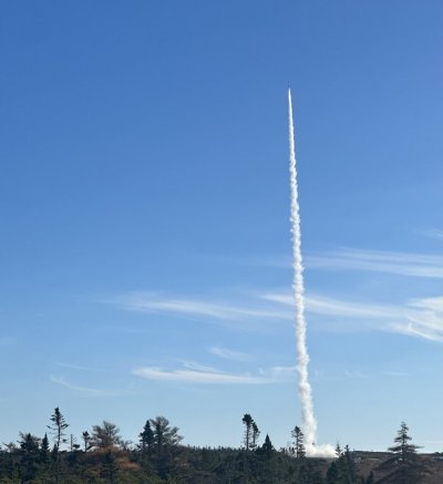 A rocket streaks into the sky from a launch platform in an undated handout photo published to the Maritime Launch Services's X account. The Nova Scotia company behind a plan to build Canada's first commercial spaceport says it has successfully made its second launch of a suborbital rocket. THE CANADIAN PRESS/Handout - X, @maritimelaunch (Mandatory Credit)