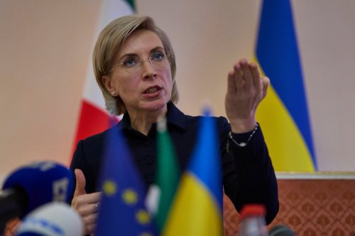 Deputy Head of the Office of the President of Ukraine Iryna Vereshchuk speaks to the press at the Embassy of Ukraine in Italy, in Rome, Wednesday, Nov. 19, 2025. (AP Photo/Domenico Stinellis)