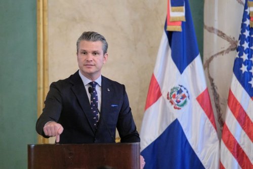 U.S. Secretary of Defense Pete Hegseth gestures during a press conference after a meeting with Dominican Republic President Luis Abinader at the National Palace in Santo Domingo, Dominican Republic, on Wednesday, Nov. 26, 2025. (AP Photo/Ricardo Hernadez)