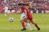 Canada's Holly Ward, front, takes the ball past Costa Rica's Gabriela Guillen during first half international women's friendly soccer action in Toronto, on Friday June 27, 2025. THE CANADIAN PRESS/Chris Young