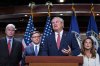 House Oversight Committee Chairman James Comer, R-Ky., center, is joined from left by House Majority Whip Tom Emmer, R-Minn., Speaker of the House Mike Johnson, R-La., and Rep. Lisa McClain, R-Mich., to talk to reporters about the Jeffrey Epstein investigation, at the Capitol in Washington, Tuesday, Oct. 21, 2025. (AP Photo/J. Scott Applewhite)