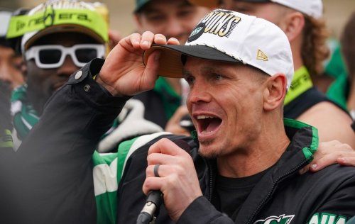Saskatchewan Roughriders quarterback Trevor Harris speaks during a Grey Cup championship parade in Regina, Tuesday, Nov. 18, 2025. The Saskatchewan Roughriders defeated the Montreal Alouettes on Sunday to become Grey Cup champion for the fifth time in team’s history. THE CANADIAN PRESS/Heywood Yu