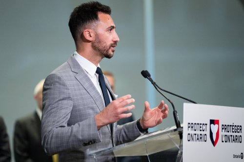 Stephen Lecce, Minister of Energy and Mines of Ontario speaks at a press conference in Toronto on Thursday, April 17, 2025. THE CANADIAN PRESS/Arlyn McAdorey