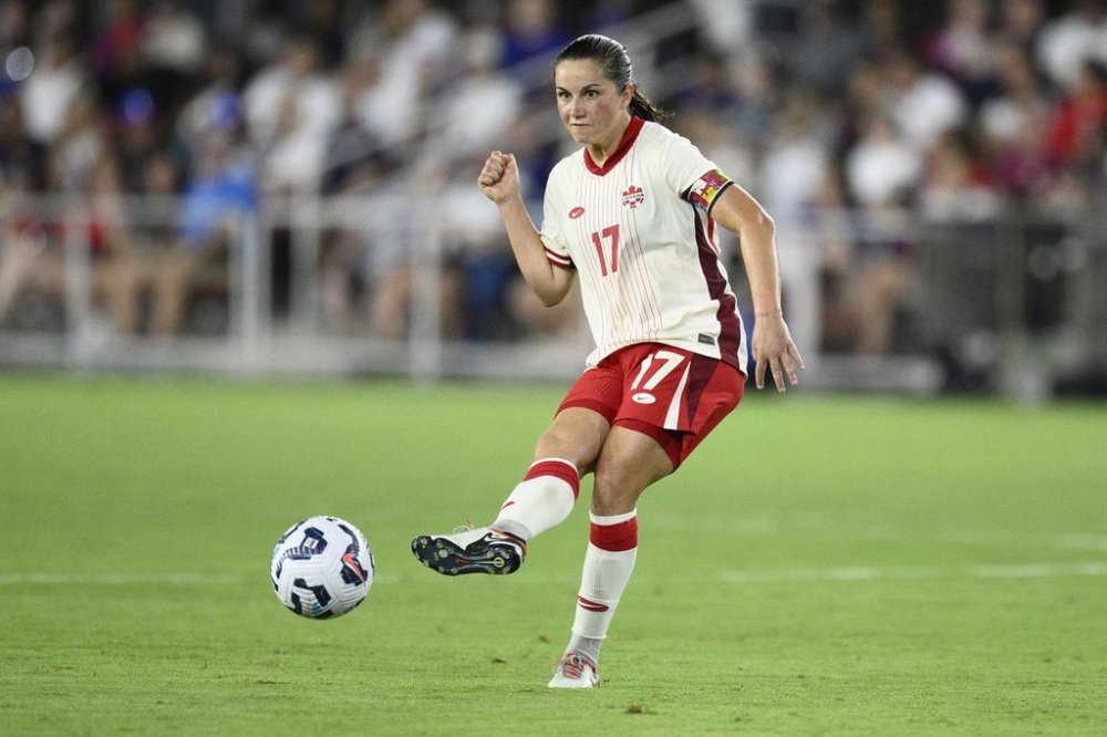 Canada midfielder Jessie Fleming (17) in action during the second half of an international friendly soccer match against the United States, Wednesday, July 2, 2025, in Washington. (AP Photo/Nick Wass)