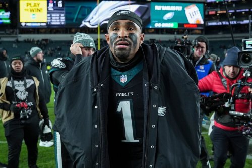 Philadelphia Eagles quarterback Jalen Hurts (1) leaves the field after his team's loss to the Chicago Bears in an NFL football game, Friday, Nov. 28, 2025, in Philadelphia. (AP Photo/Matt Rourke)