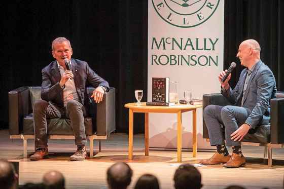 Canadian astronaut Chris Hadfield (left) and Free Press editor Paul Samyn discuss Hadfield's writing,  his career and his new book at the Winnipeg Art Gallery last week. (Brook Jones / Free Press)