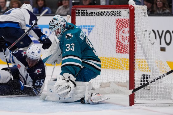 San Jose Sharks goaltender Alex Nedeljkovic (33) stops a shot during the second period of Friday's game in San Jose, Calif. (Godofredo A. Vásquez/The Associated Press files)