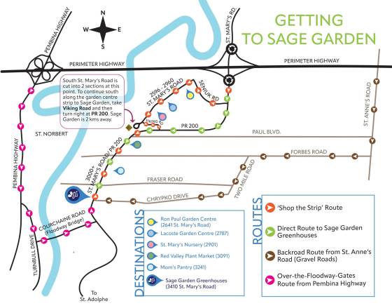 Dave Hanson suggests taking the pink-arrow route down Pembina Highway for the fastest, easiest route to Sage Garden. Download Sage Garden's map in printable PDF format. (Sage Gardens)