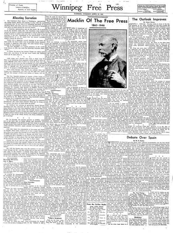 Dafoe recalls his recruitment back to Winnipeg in Macklin's obituary in 1946. Zoom in on a PDF version of the page.
