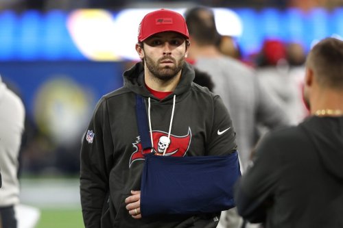 Tampa Bay Buccaneers quarterback Baker Mayfield (6) looks on from the sidelines wearing a sling during the second half against the Los Angeles Rams in an NFL football game Sunday, Nov. 23, 2025, in Inglewood, Calif. (AP Photo/Jessie Alcheh)