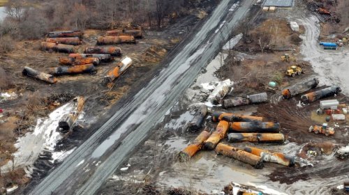 FILE - An aerial view of the cleanup of a derailed Norfolk Southern freight train, in East Palestine, Ohio, Feb. 9, 2023. (AP Photo/Gene J. Puskar, File)