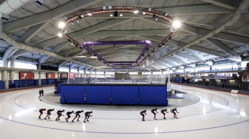 Canadian national long track speed skating team members train on the ice at the Olympic Oval in Calgary, Alta., Friday, June 11, 2021. THE CANADIAN PRESS/Jeff McIntosh