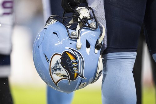 An Indigenous inspired Toronto Argonauts logo on a helmet ahead of their CFL game against the Montreal Alouettes in Toronto on Saturday, September 28, 2024. THE CANADIAN PRESS/Nick Iwanyshyn