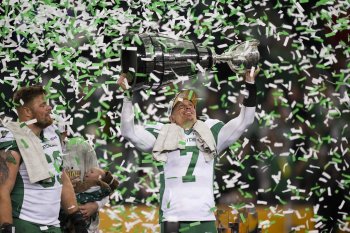 Saskatchewan Roughriders quarterback Trevor Harris (7) celebrates his win over the Montreal Alouettes in the 112th CFL Grey Cup, in Winnipeg on Sunday, Nov. 16, 2025. THE CANADIAN PRESS/Darryl Dyck