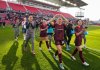 AFC Toronto midfielder Victoria Pickett (94) and midfielder Aoi Kizaki (13) greet fans after Northern Super League soccer action against Montreal Roses FC in Toronto on Saturday, April 19, 2025. THE CANADIAN PRESS/Arlyn McAdorey