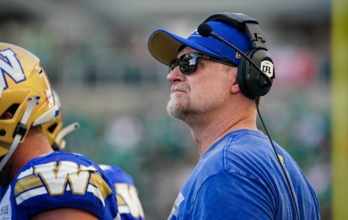 Winnipeg Blue Bombers head coach Mike O'Shea looks on during the first half of CFL football action in Regina, Sunday, Aug. 31, 2025. THE CANADIAN PRESS/Heywood Yu
