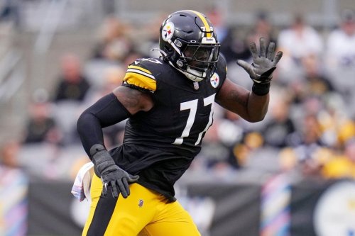 FILE - Pittsburgh Steelers offensive tackle Broderick Jones (77) plays during an NFL football game against the Cleveland Browns in Pittsburgh Oct. 12, 2025. (AP Photo/Gene J. Puskar, File)