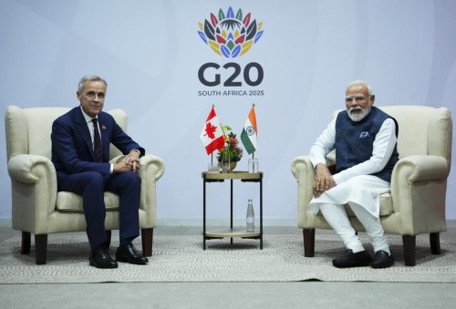 Prime Minister Mark Carney takes part in a bilateral meeting with Indian Prime Minister Narendra Modi during the G20 Summit in Johannesburg, South Africa, on Sunday, Nov. 23, 2025.  THE CANADIAN PRESS/Sean Kilpatrick