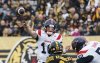 Montreal Alouettes quarterback Davis Alexander (10) throws a pass during first half CFL East Final football game action against the Hamilton Tiger Cats, in Hamilton, Ont., Saturday, Nov. 8, 2025. THE CANADIAN PRESS/Peter Power