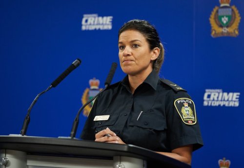 Winnipeg Police Service Public Information Officer Const. Dani McKinnon speaks to the media on Thursday, Sept. 2, 2021, at the Public Information Office in Winnipeg. THE CANADIAN PRESS/David Lipnowski