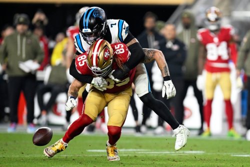 Carolina Panthers safety Tre'Von Moehrig breaks up a pass intended for San Francisco 49ers tight end George Kittle during the first half an NFL football game, Monday, Nov. 24, 2025, in Santa Clara, Calif. (AP Photo/Eakin Howard)