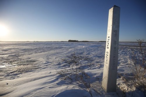 A border marker is shown just outside of Emerson, Man. on Thursday, January 20, 2022. THE CANADIAN PRESS/John Woods