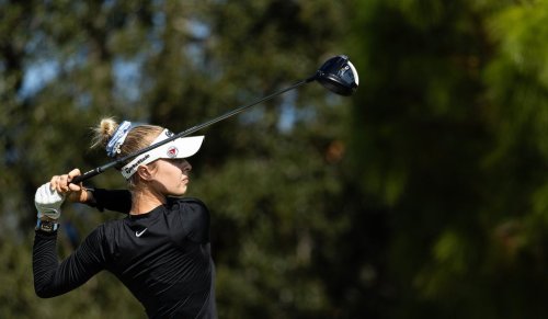 Nelly Korda tees off on from the second hole during the final round of The Annika LPGA golf tournament in Belleair, Fla., Sunday, Nov. 16, 2025. (AP Photo/Willie J. Allen Jr.)