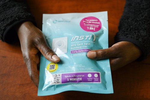 A photograph of an HIV self-test kits, photographed at the Toronto People With Aids Foundation office, in Toronto, Friday, Feb., 16, 2024. THE CANADIAN PRESS/Christopher Katsarov