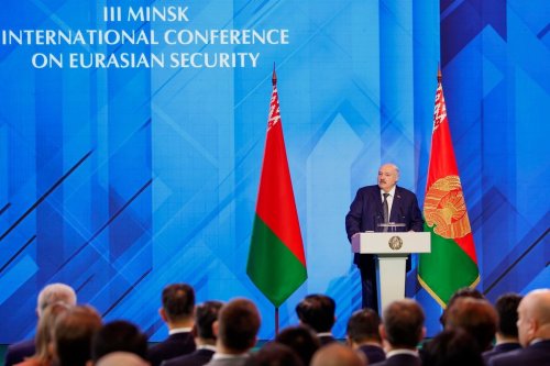 In this photo provided by Belarusian Presidential Press Service, Belarusian President Alexander Lukashenko addresses the Minsk International Conference on Eurasian Security in Minsk, Belarus, Tuesday, Oct. 28, 2025. (Belarusian Presidential Press Service via AP)