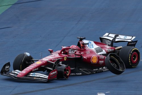 Ferrari driver Charles Leclerc of Monaco loses a tyre during the Brazilian Formula One Grand Prix at the Interlagos race track, in Sao Paulo, Sunday, Nov. 9, 2025. (AP Photo/Ettore Chiereguini)