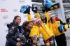 Second placed Kaysha Love and Sylvia Hoffman, of the United States, winners Laura Nolte and Deborah Levi, of Germany, and third placed Kim Kalicki and Leonie Fiebig, of Germany, from left, pose together after the 2-woman bobsleigh race at the Bobsleigh World Cup in Innsbruck, Austria, Sunday, Nov. 30, 2025. (AP Photo/Matthias Schrader)